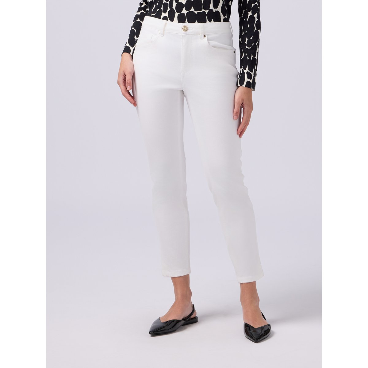 Pantalon skinny en coton avec bouton bijou blanc, OLTRE