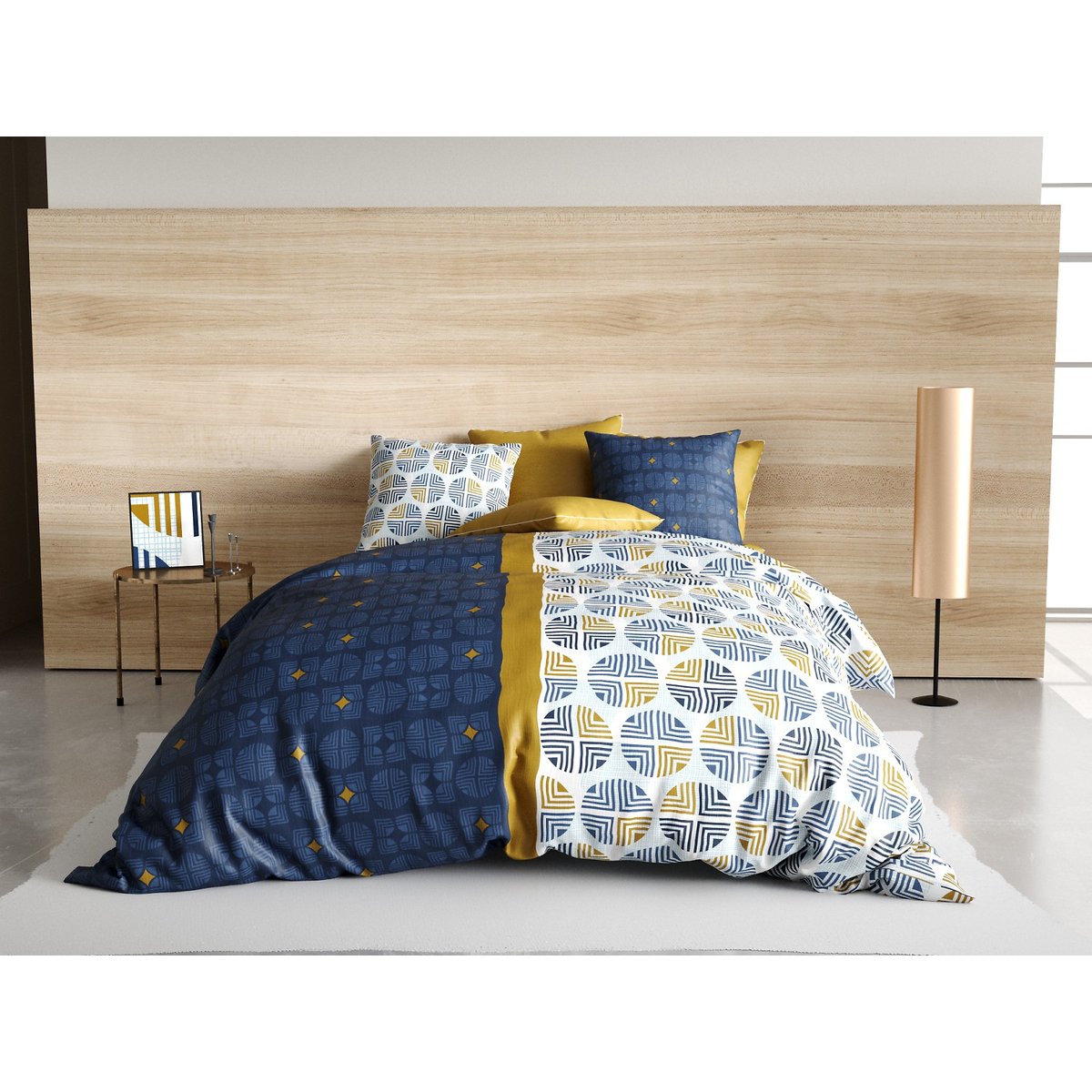 Parure housse de couette imprimée + taie(s) en coton, Sirius bleu, ATELIER DU COTON
