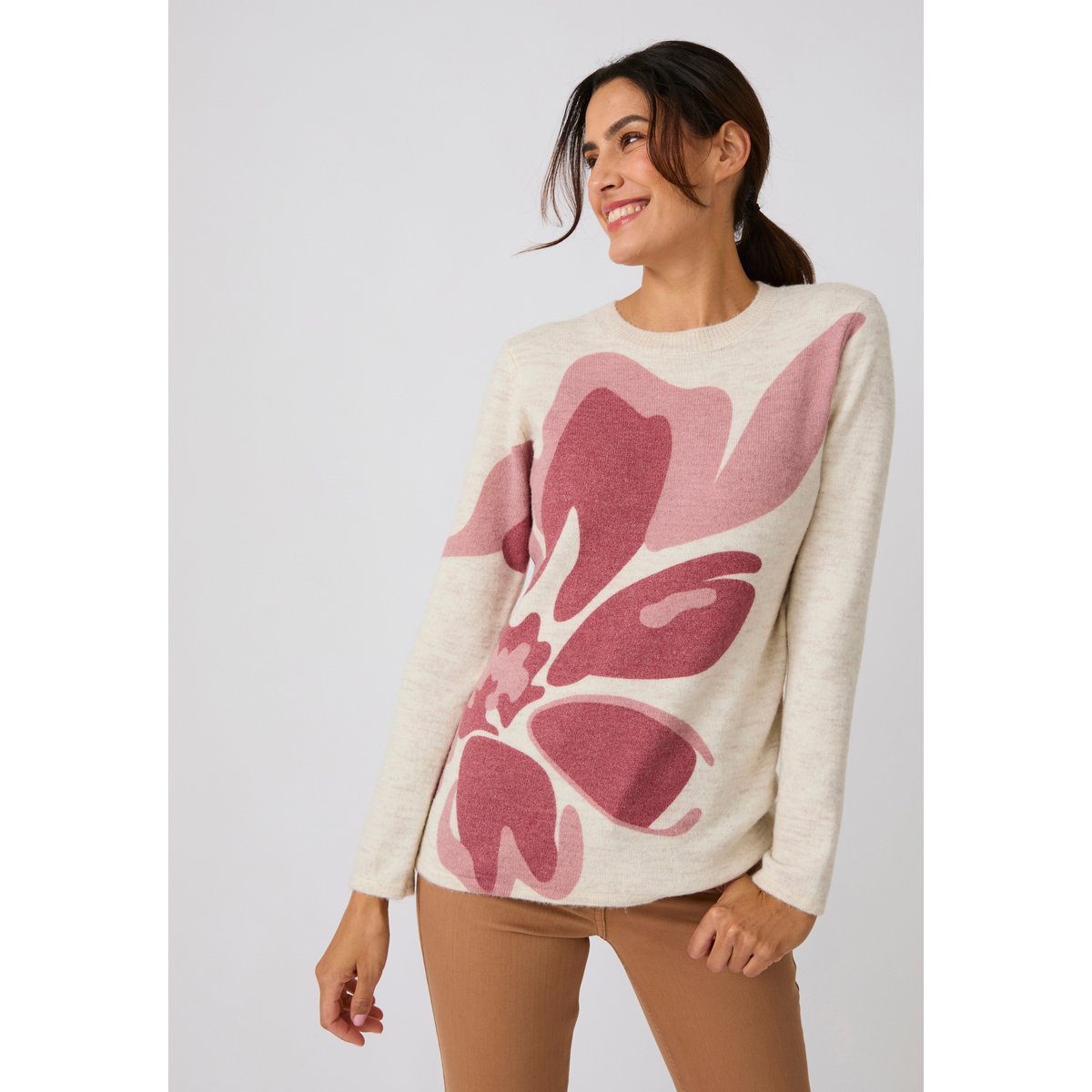 Pull toucher doux imprimé rose fleuri, DAMART