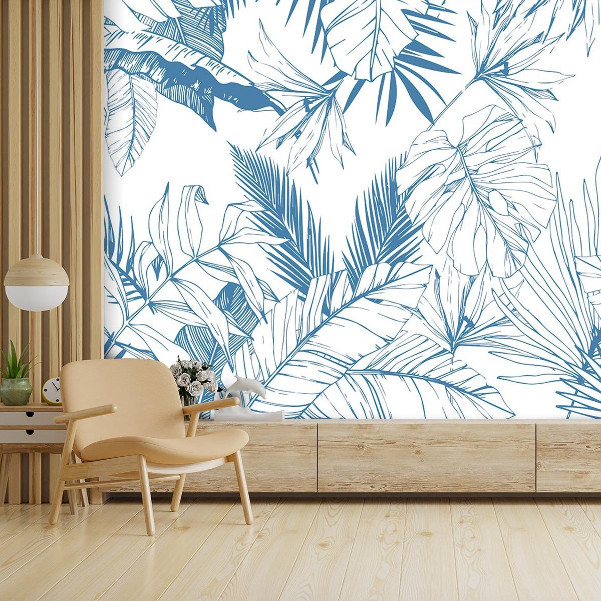 Papier peint feuilles tropicales bleues intissé, HEXOA