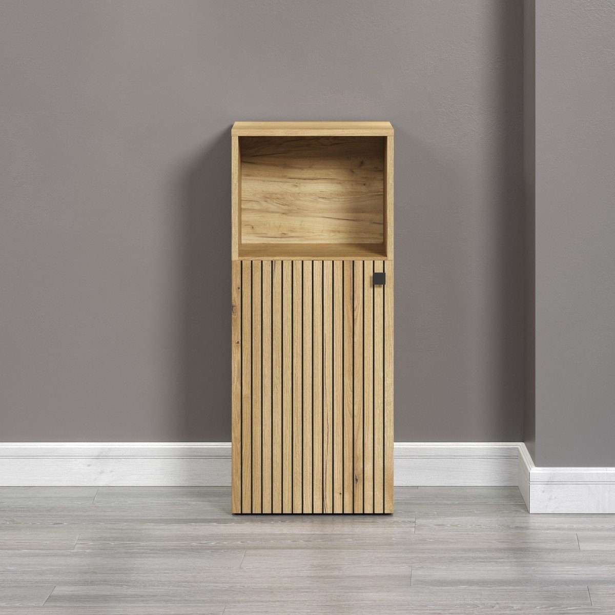 Rangement bas de salle de bain 1 porte et 1 niche L40 cm - PUREBLISS chêne blond et noir mat, CALICOSY