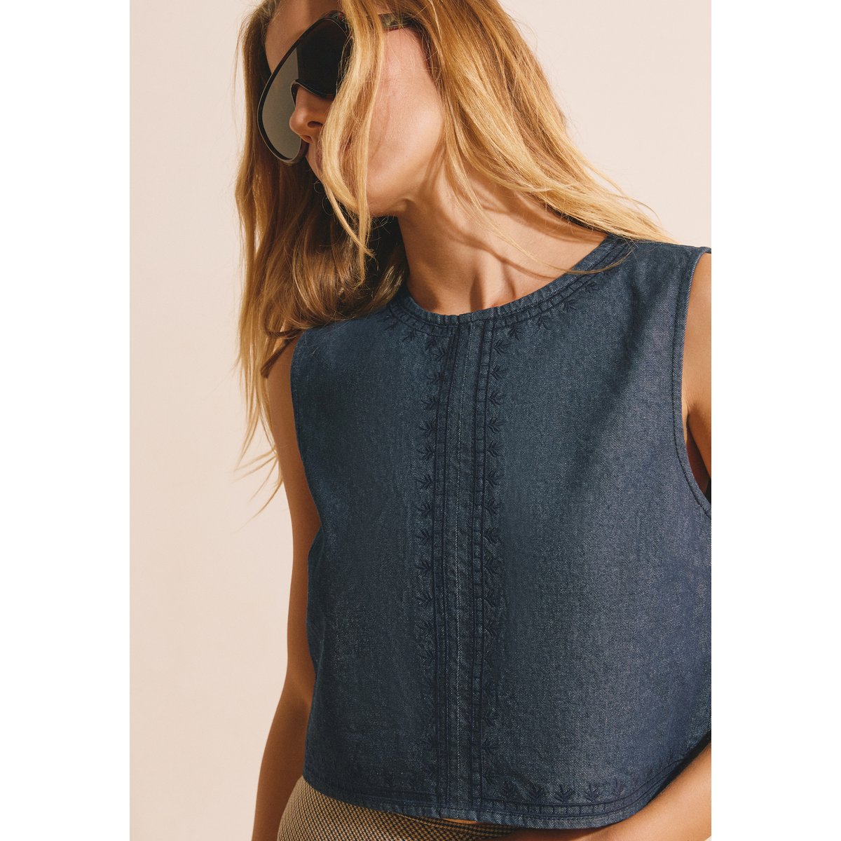 Top col V en coton BRUNO BROD jean denim, ETAM
