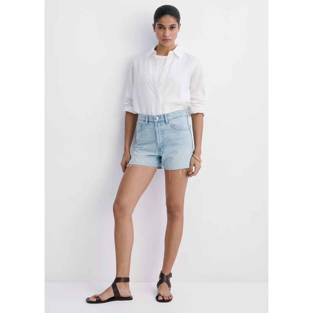Short en jean revers effilochés bleu clair, MANGO