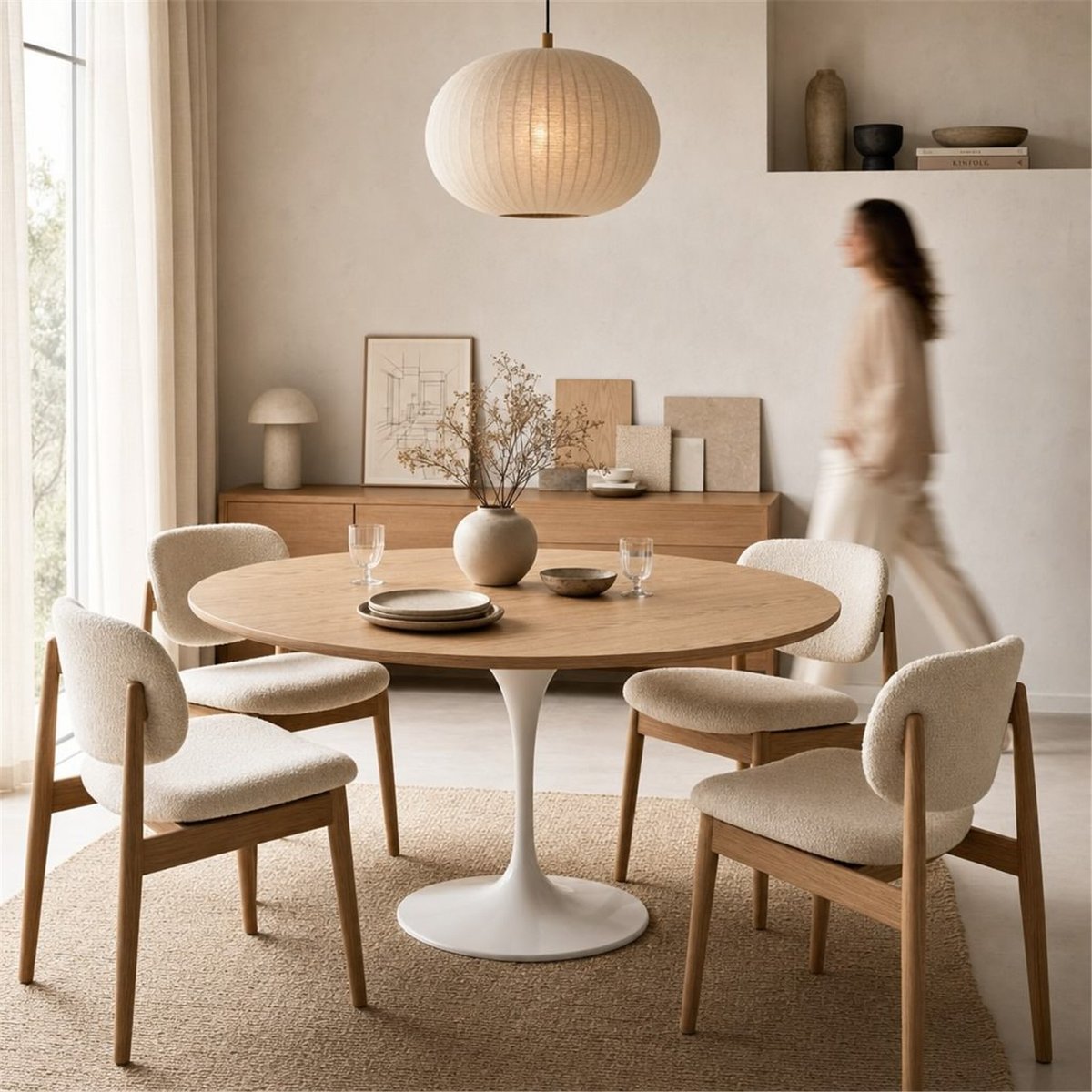 Table à manger ronde en frêne et aluminium blanc et naturel, RECOLLECTION