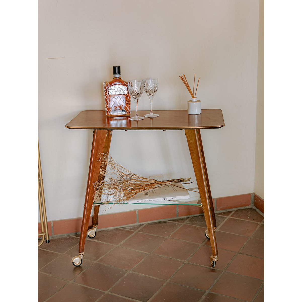 Desserte à roulettes en bois et verre mid-century Anouk N°359 - Bon état bois clair, DEBONGOUT