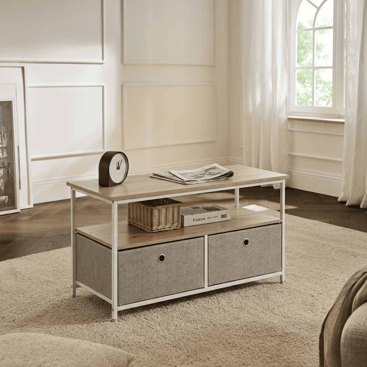 Table basse 2 tiroirs et 2 tablettes LISA bois clair, CALICOSY