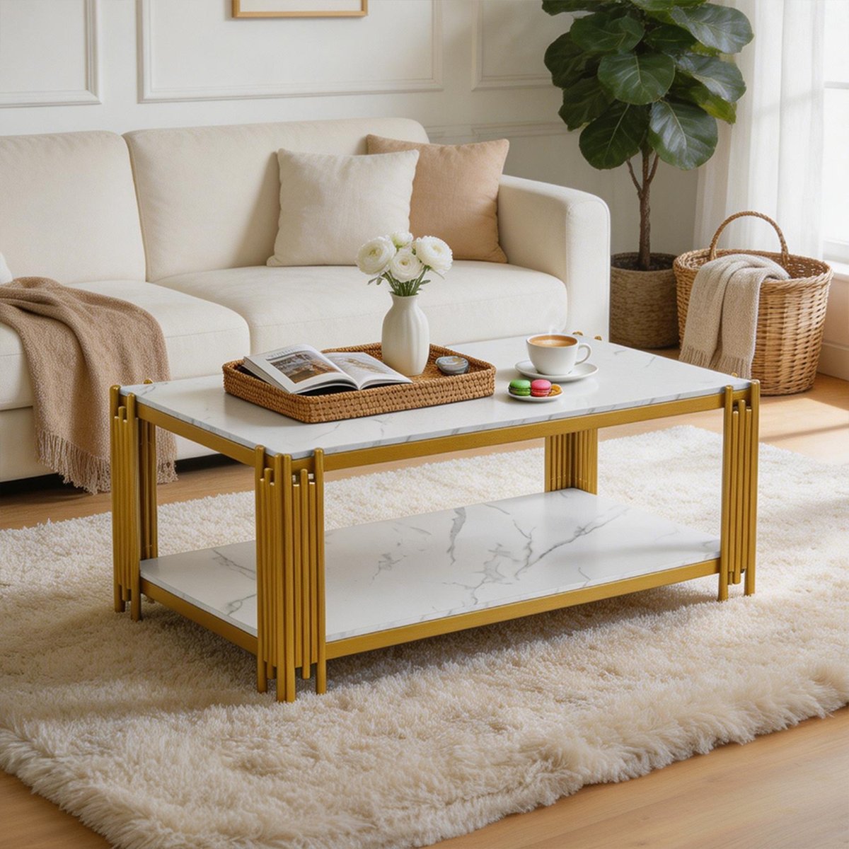 Table basse rectangulaire avec rangement, ELMOD gold, MEUBLES COSY