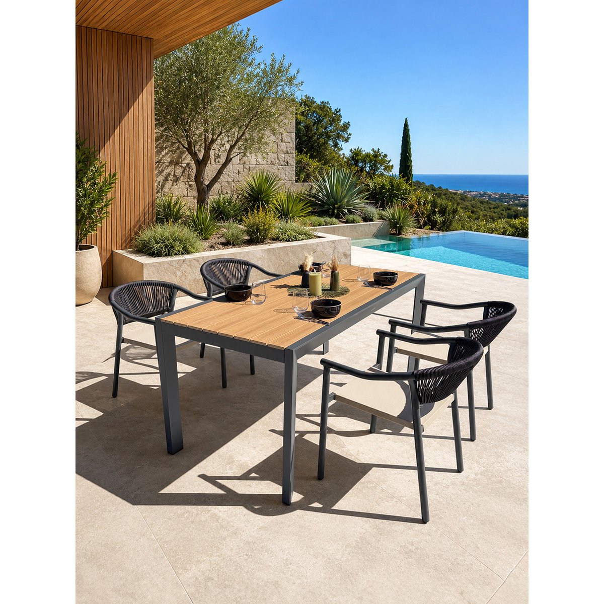 Ensemble repas de jardin 4 à 6 places en alu TONGA gris anthracite, DCB GARDEN