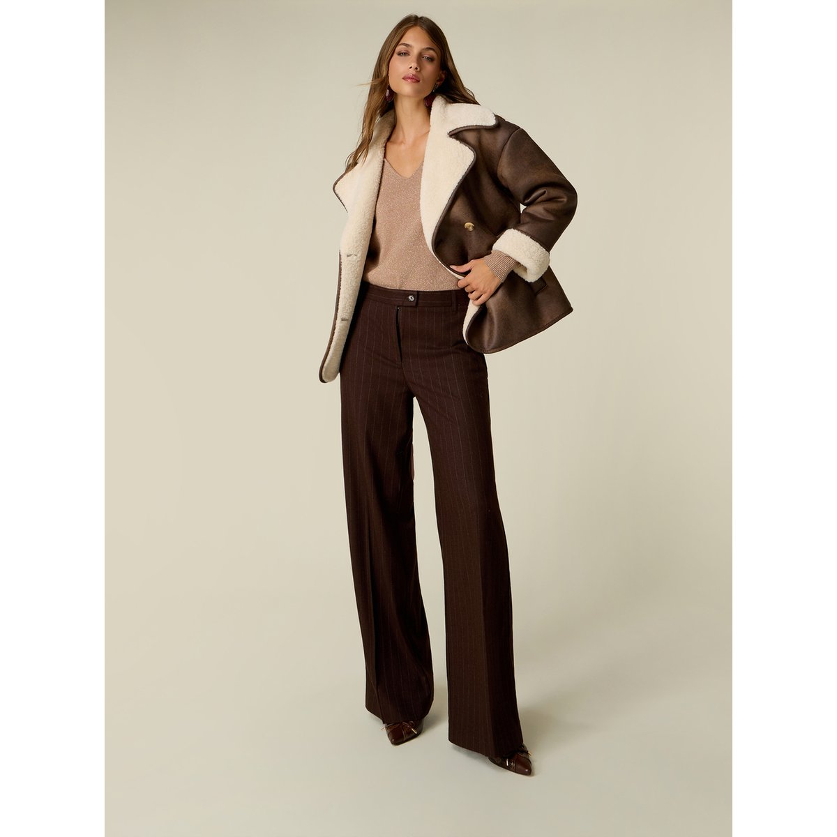 Pantalon palazzo à rayures marron, OLTRE