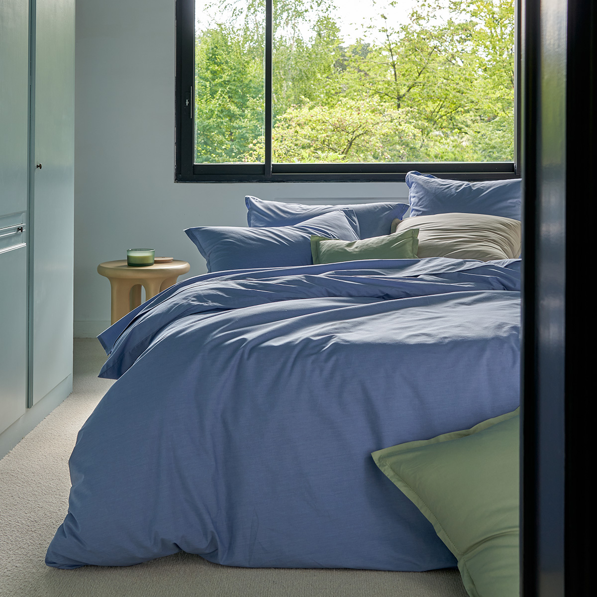 Drap housse en percale de coton bleu, ALCOVE céleste, DESFORGES