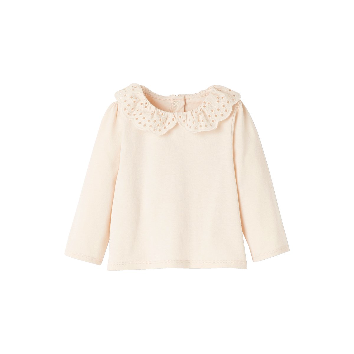 T-shirt bébé col brodé manches longues beige clair, VERTBAUDET