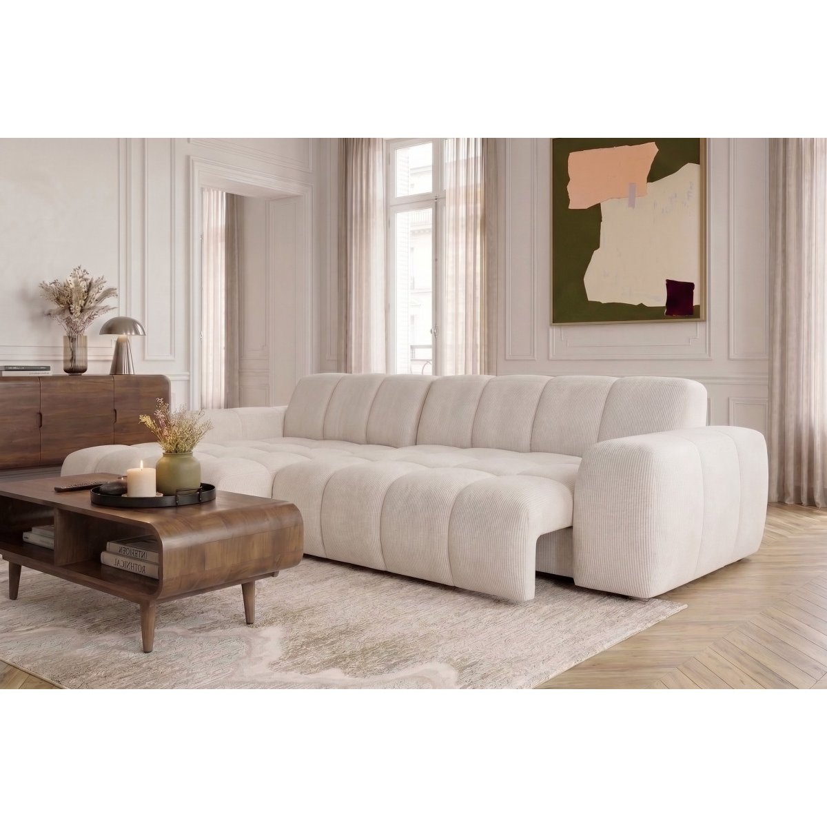 Canapé d'angle convertible 3 places en tissu chenille, THEO beige, BOBOCHIC