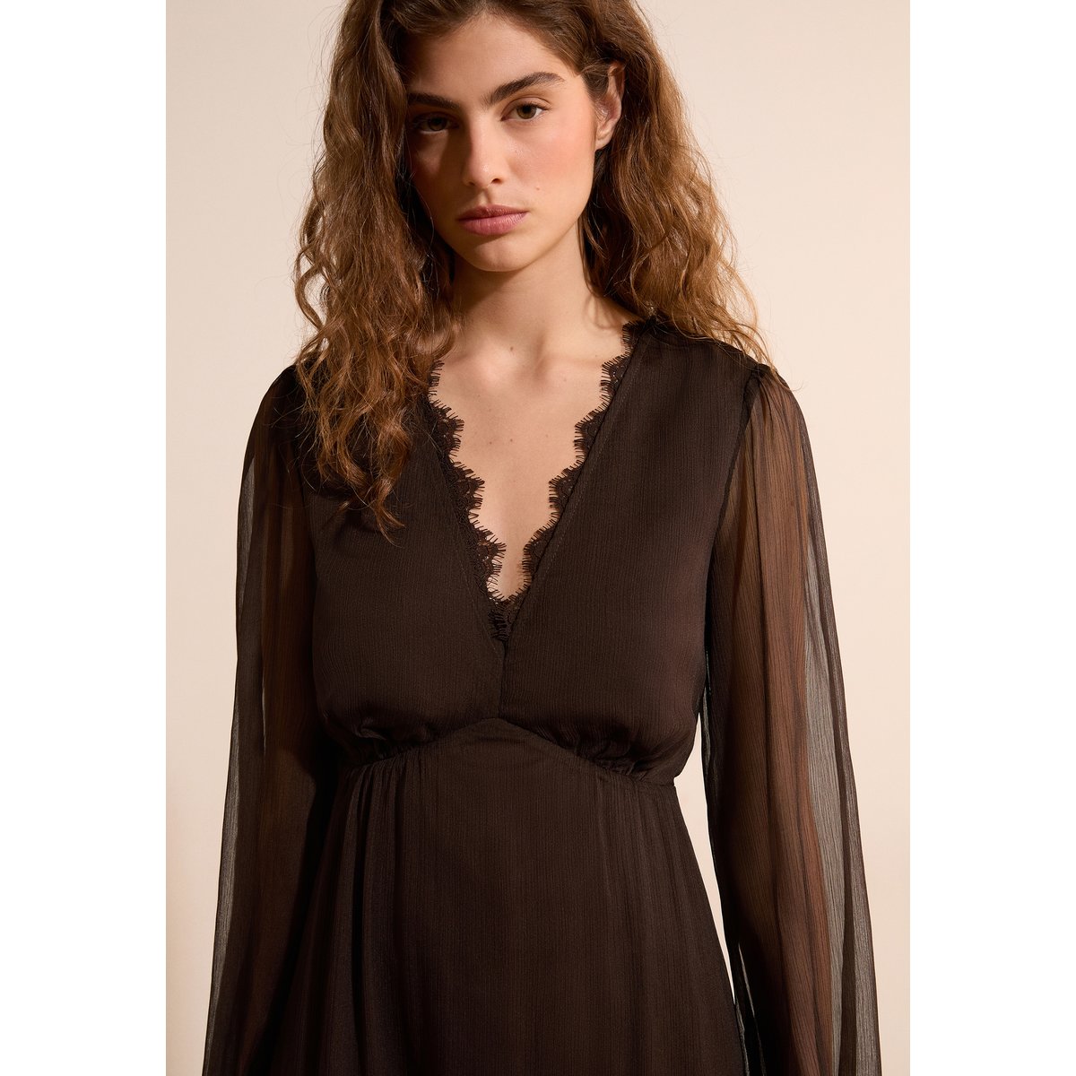 Robe midi col V BABELLE chocolat, ETAM
