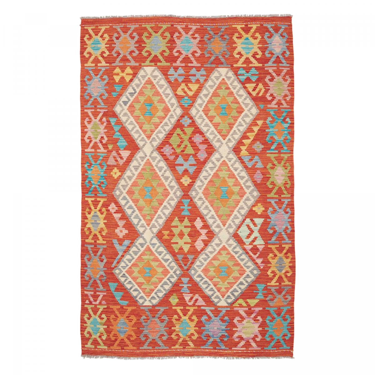 Tapis kilim ethnique, tissé plat authentique, KILIM 96 rouge, beige, multicolore, UN AMOUR DE TAPIS