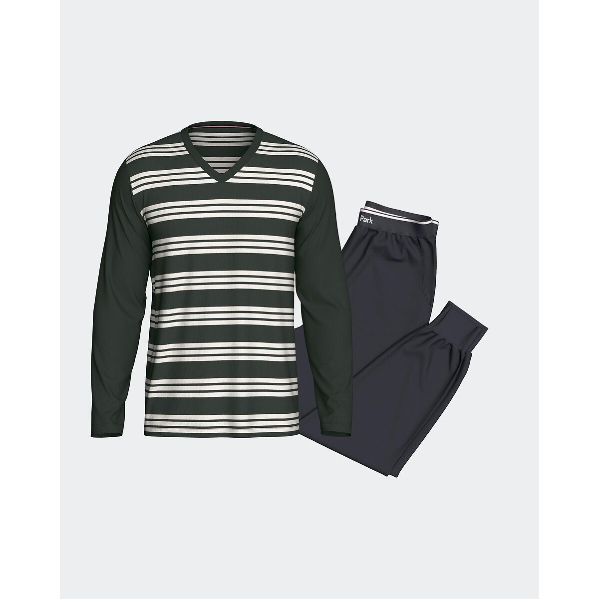Pyjama long, pantalon uni, haut manches longues rayé kaki + bleu marine, EDEN PARK