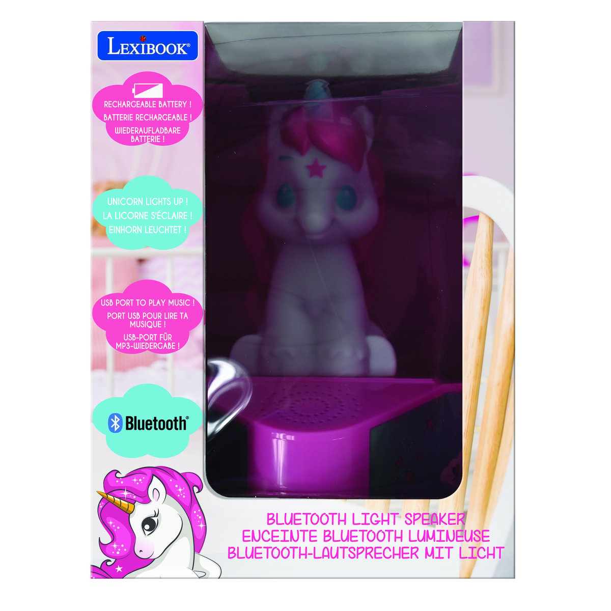 Enceinte Bluetooth avec figurine lumineuse Licorne rose, LEXIBOOK