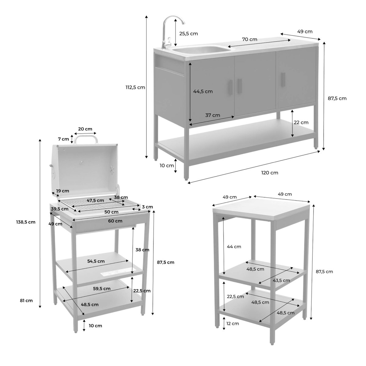 Cuisine d'extérieure 3 modules avec barbecue charbon de bois sur pieds, 2 étagères et thermomètre NAXOS BARBECUE CHARBON + 2 MODULES noir, SWEEEK