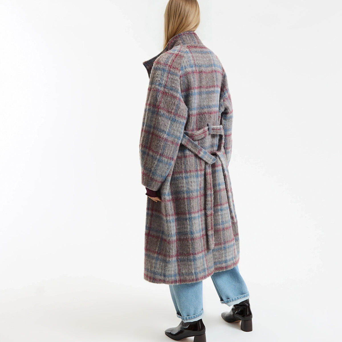 Checked Long Winter Coat with Tie-Waist blue/grey checks, LA REDOUTE COLLECTIONS