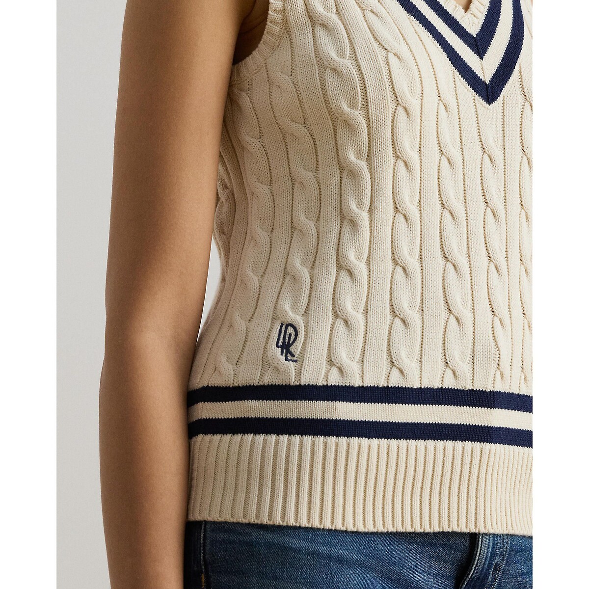 Mouwloze kabeltrui met V-hals creme   , LAUREN RALPH LAUREN