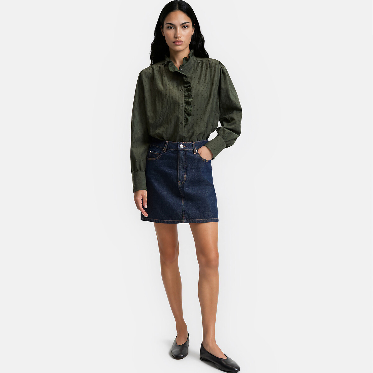 Signatures Charlène Embroidered Openwork Victorian Collar Shirt khaki green, LA REDOUTE COLLECTIONS