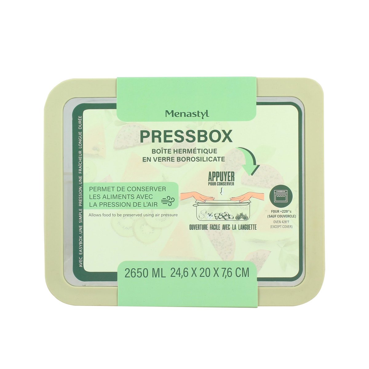 Boite hermétique rectangulaire en verre 2650ml, PRESSBOX céladon, MENASTYL
