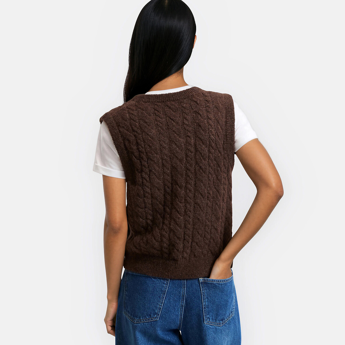 Alpaca Blend Sleeveless Cable Knit V-Neck Jumper brown, LA REDOUTE COLLECTIONS