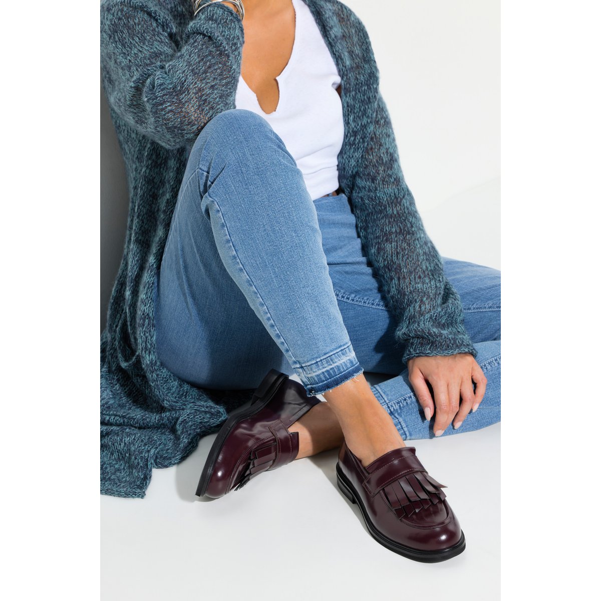 Mocassins en cuir, franges, doublure en cuir , pied large rouge vin, ULLA POPKEN