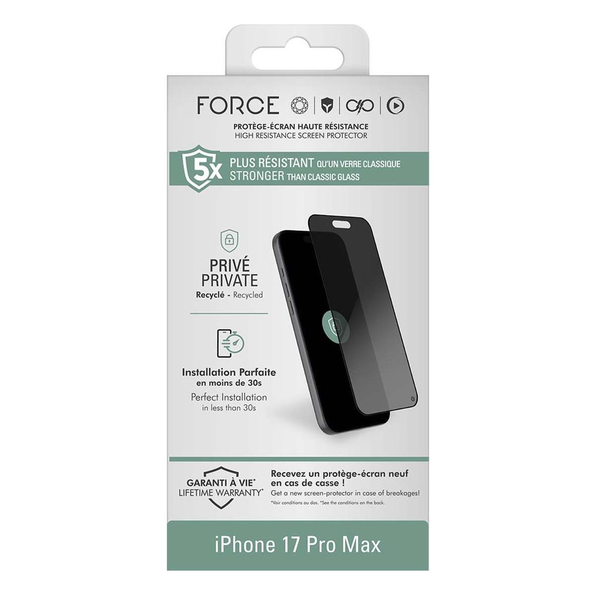 Protège écran iPhone 17 Pro Max privacy couleur unique, FORCE GLASS