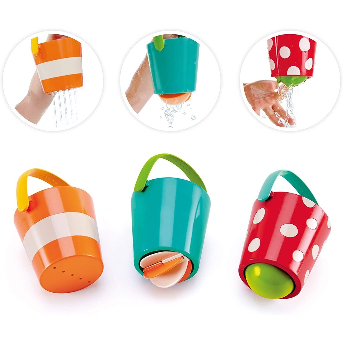 Jouet de bain seaux colorés orange, rouge, bleu, HAPE