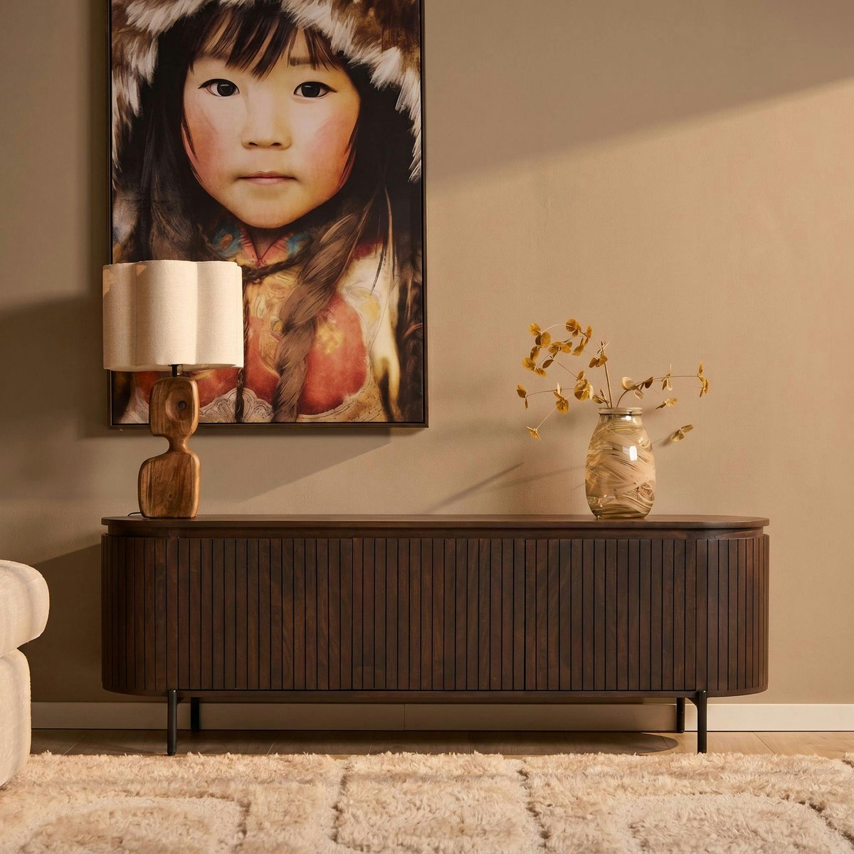 Meuble TV 3 portes bois marron rainuré 165 cm CALERO marron, PIER IMPORT