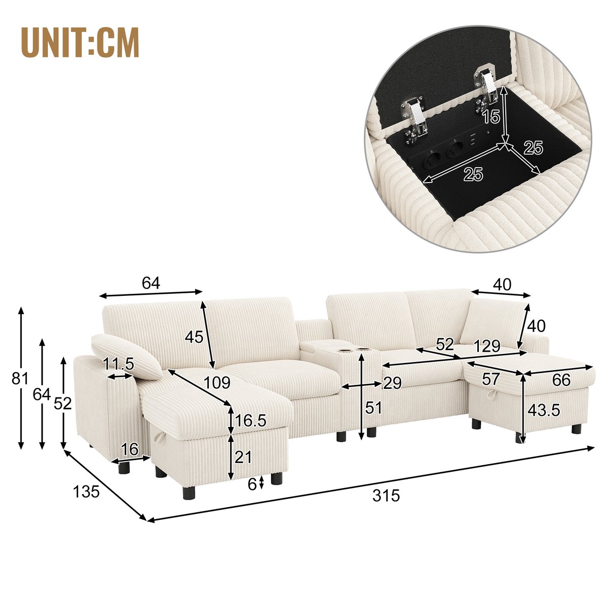 Canapé d’angle U en velours côtelé avec coffre VASED beige, MEUBLES COSY