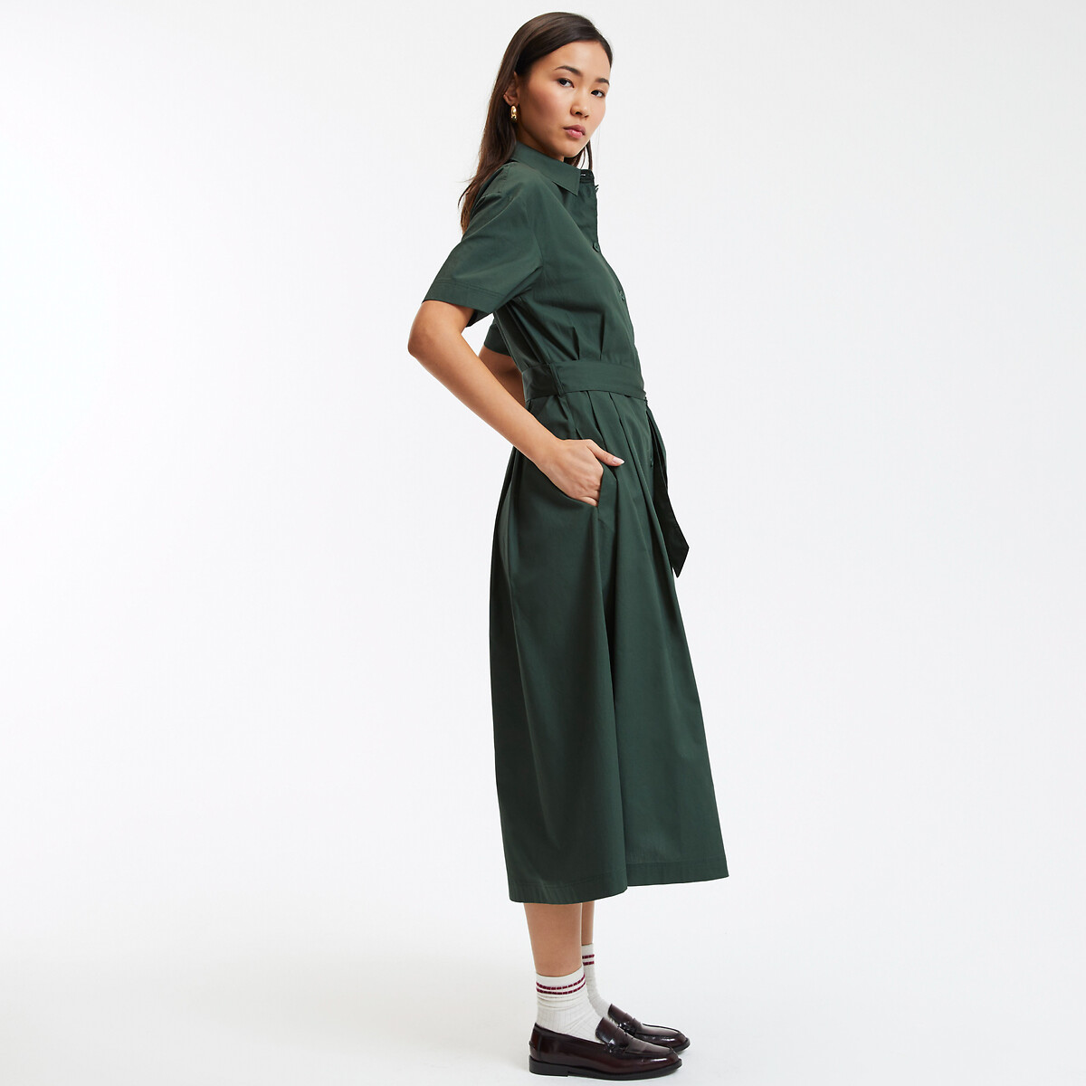 Midi Shirt Dress with Tie-Waist dark green, LA REDOUTE COLLECTIONS