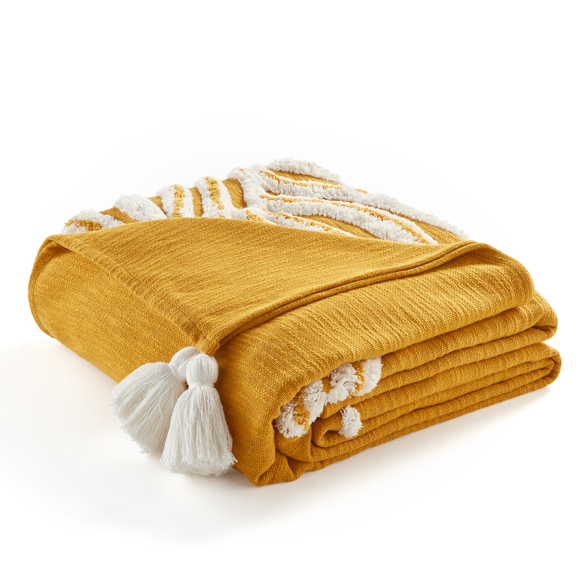 Hesperos Tufted Tassel Cotton Bedspread yellow/white, LA REDOUTE INTERIEURS