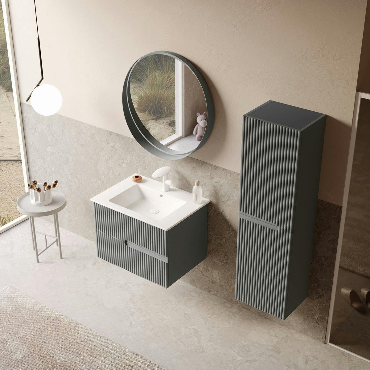 Meuble vasque 2 tiroirs rainurés 70 cm RIVIA gris, PIER IMPORT