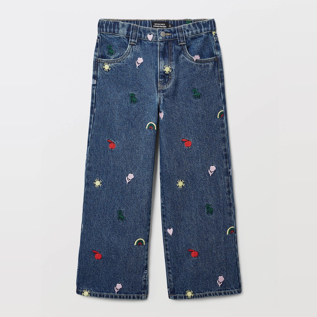 Jean large brodé stone denim, MONOPRIX