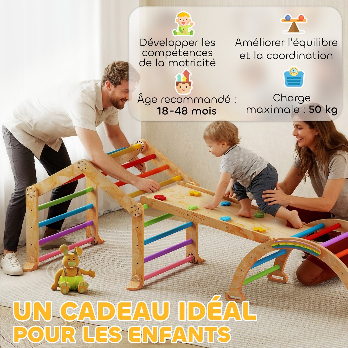 Parcours d'escalade pour enfants Bois massif bois naturel multicolore, AIYAPLAY