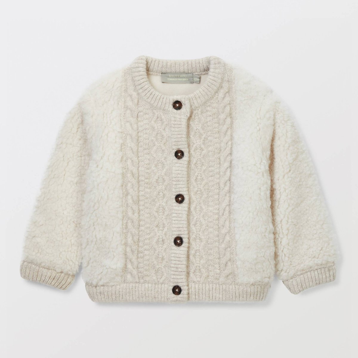 Cardigan bi-matière en sherpa et tricot uni naturel, BOUT'CHOU