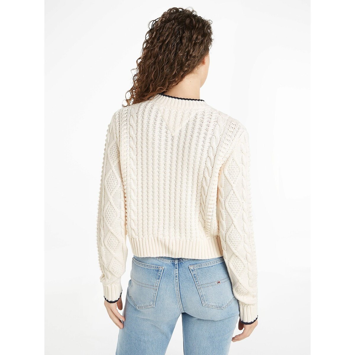 Cable Knit Cropped Jumper in Cotton Mix off-white, TOMMY JEANS
