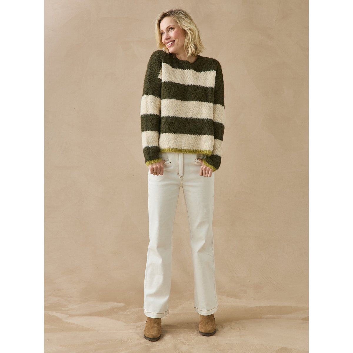 Pull court rayé col rond rayé kaki, DAXON