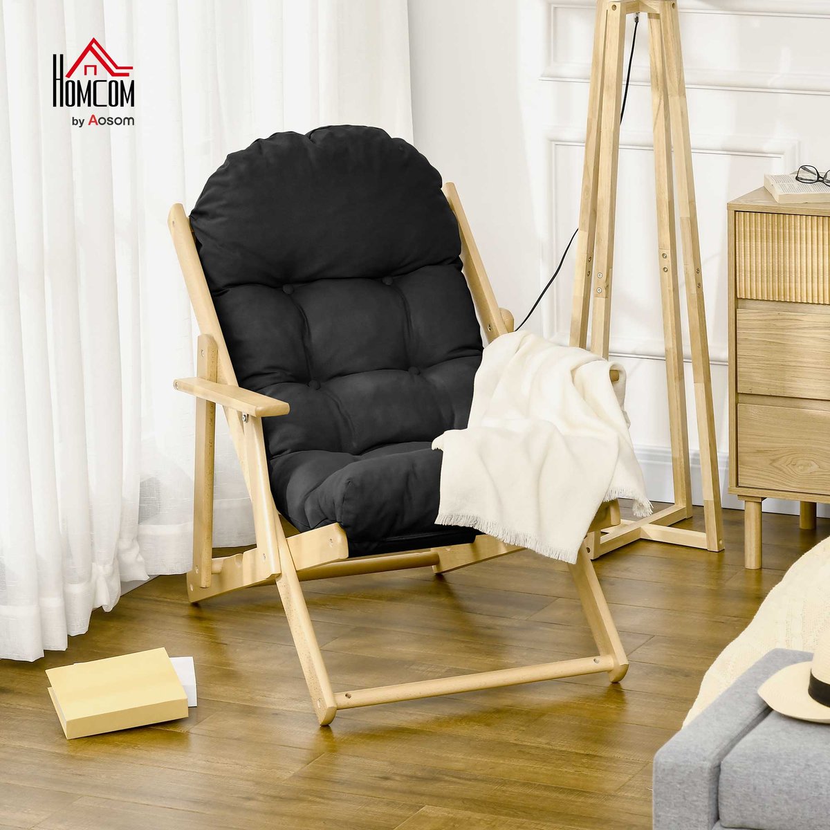 Accent Chair Bois d'hévéa Noir noir, HOMCOM