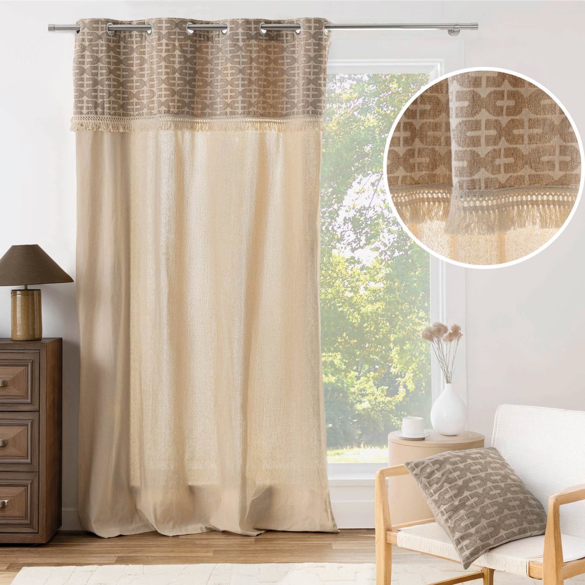 Rideau tamisant à œillets en polycoton avec jacquard et franges naturel, DOUCEUR D'INTÉRIEUR