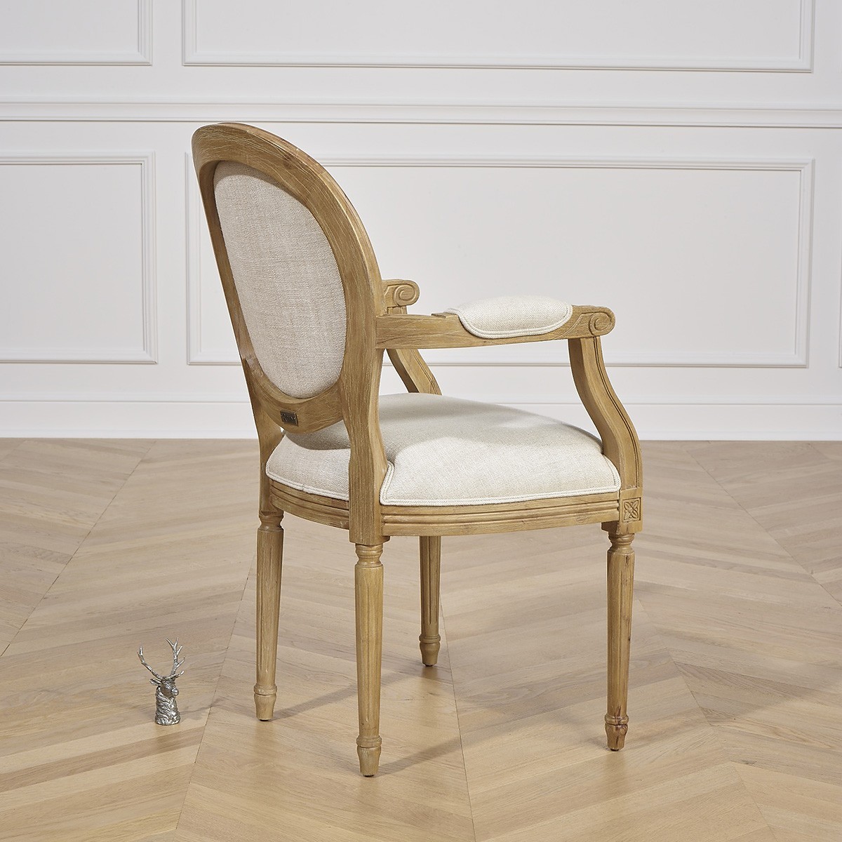 Fauteuil de table style classique en hévéa et lin premium MEDAILLON lin, ROBIN DES BOIS