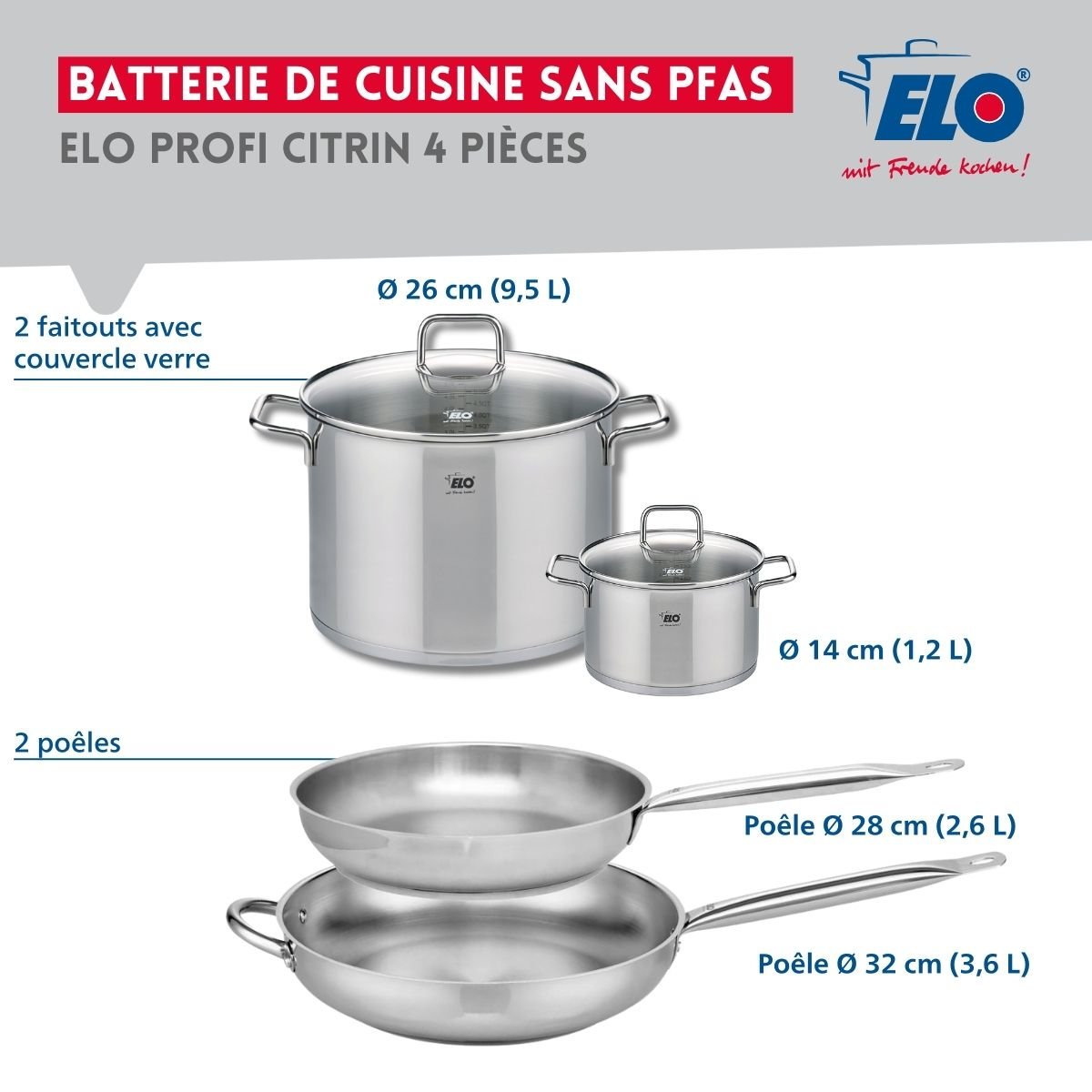 Batterie 2 poêles 28/32cm + 2 faitouts 14/26cm PROFI CITRIN inox, ELO