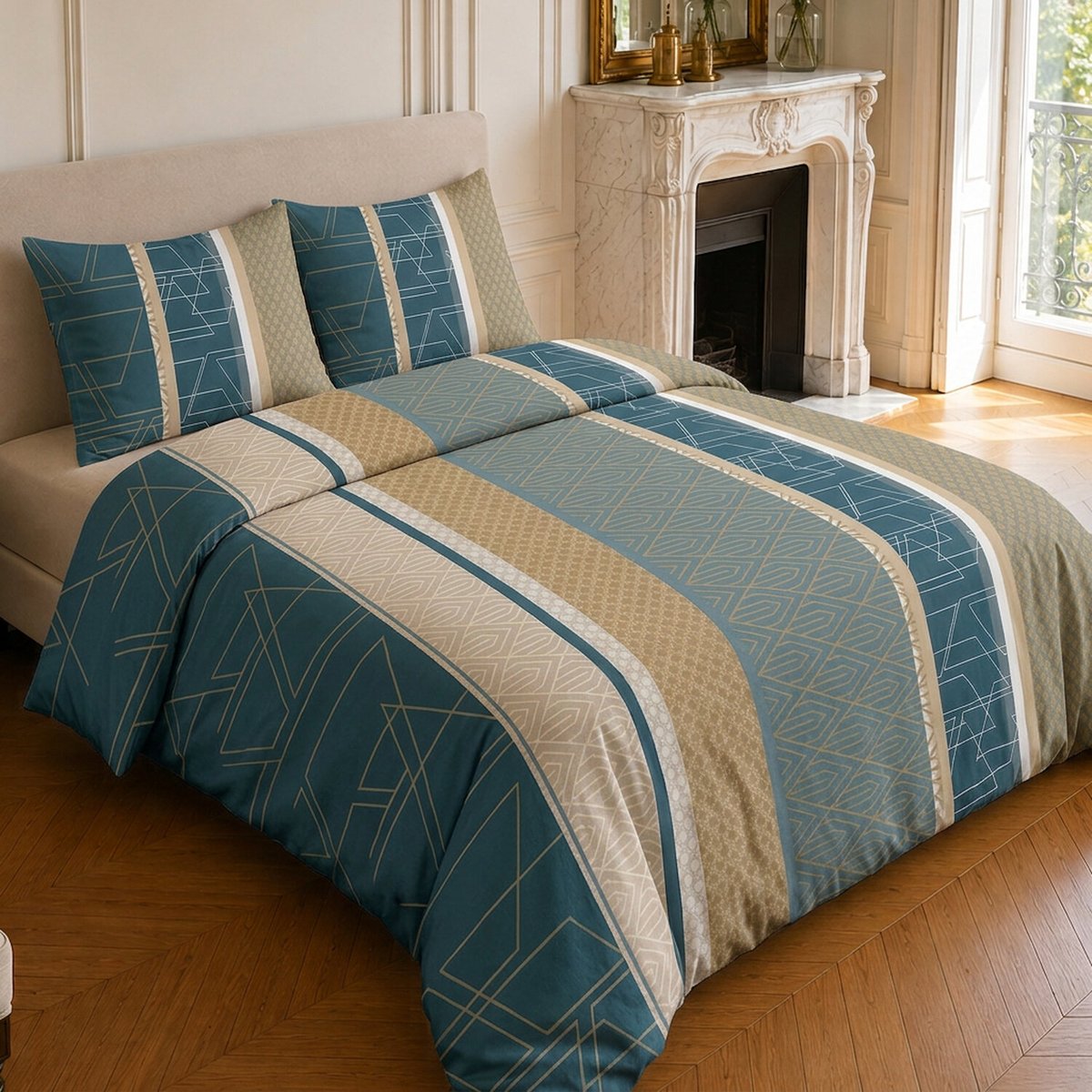 Parure de lit en microfibre motif géométrique, ULYSSE bleu marine, C DESIGN HOME TEXTILE