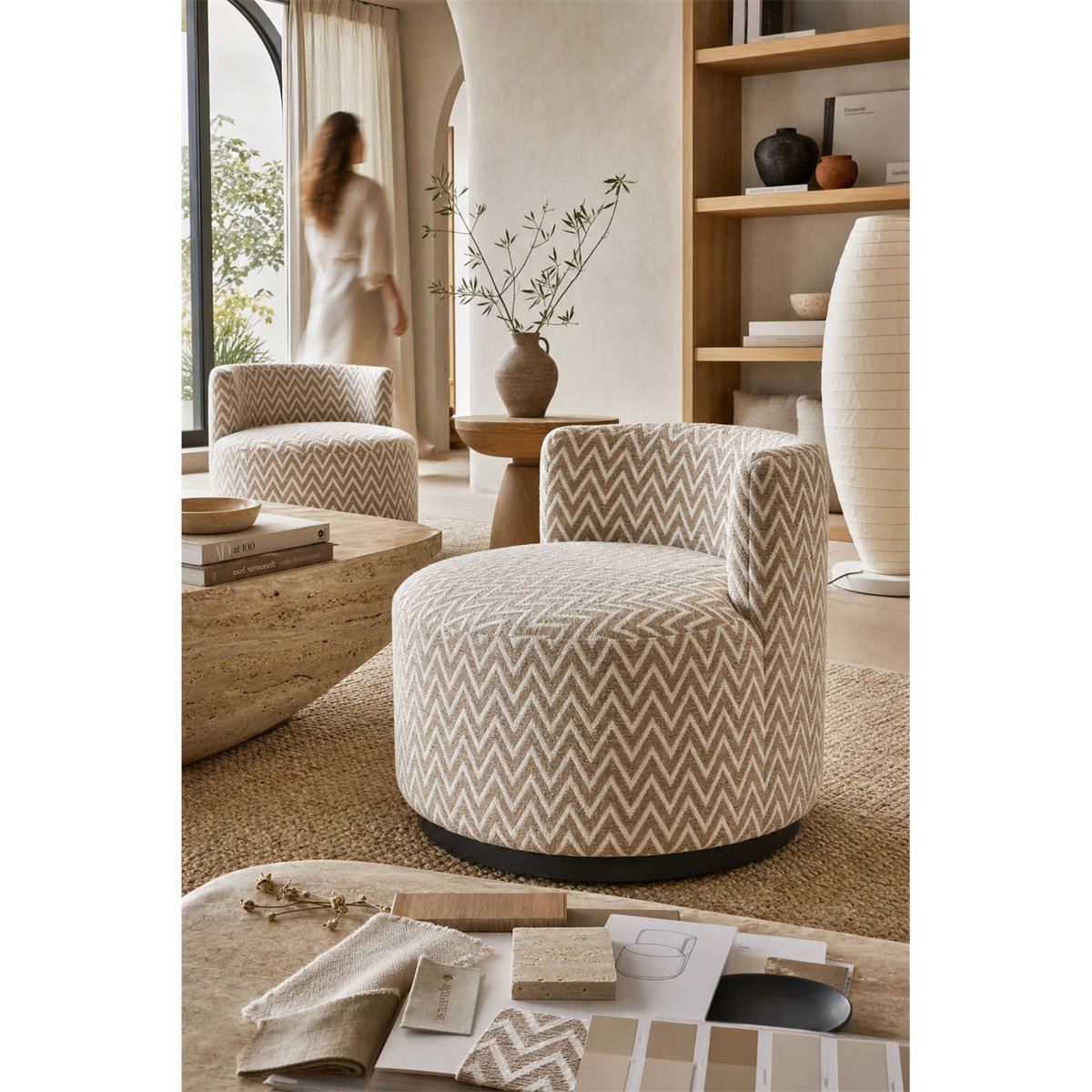 Fauteuil lounge compact à motif chevron sable chevron, RECOLLECTION