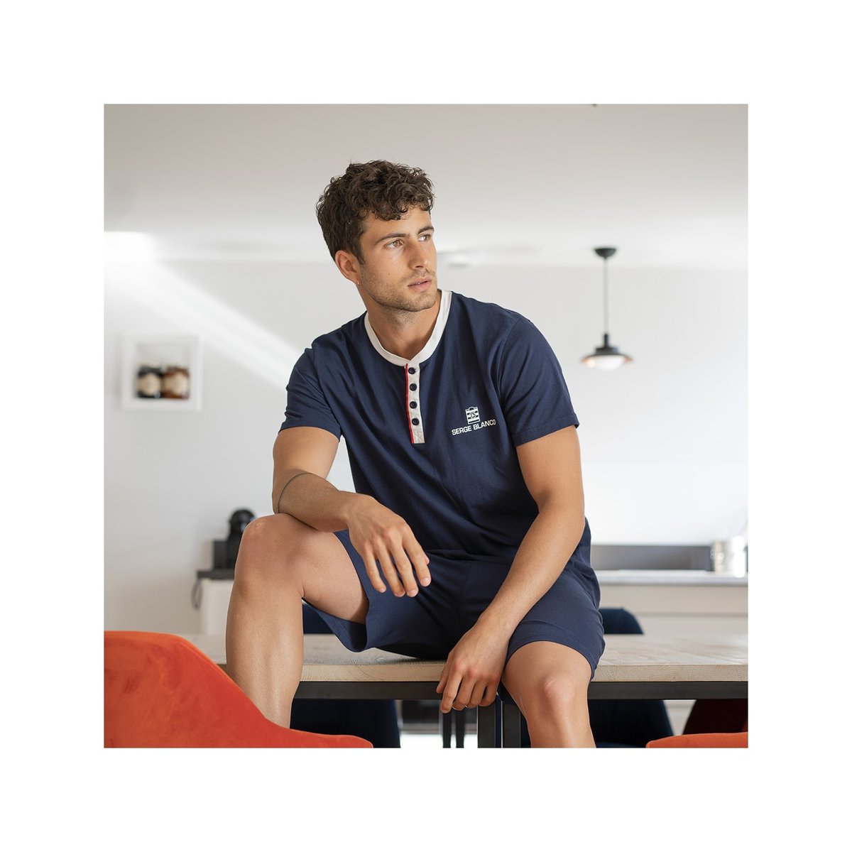 Ensemble Pyjama coton court Vintage bleu/gris/rouge, SERGE BLANCO