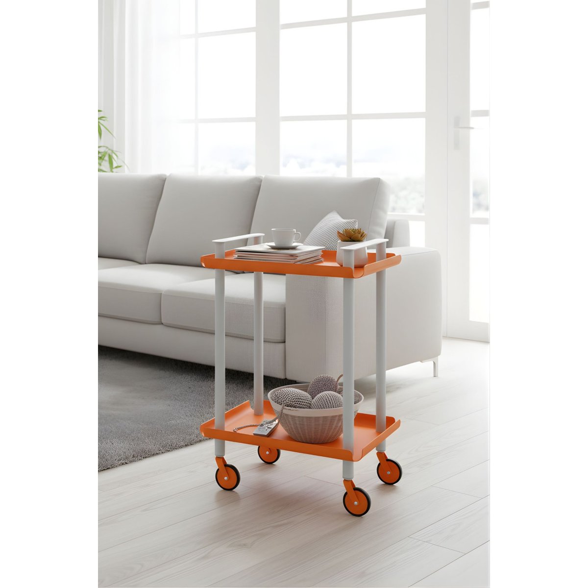 Desserte à roulettes, table roulante d'appoint, 2 niveaux LEKY gris / orange, DON HIERRO