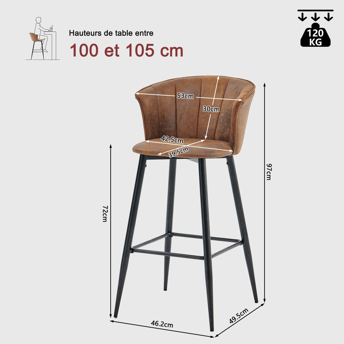 Lot de 6 tabourets de bar rétro industriel, DONCIC marron, MEUBLES COSY