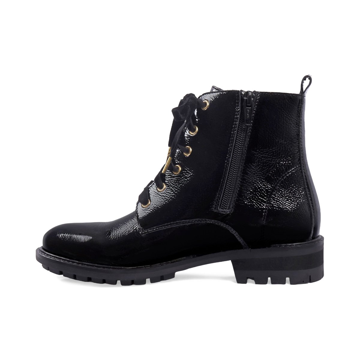 Bottines plates à lacet cuir vernis noir, JULES & JENN
