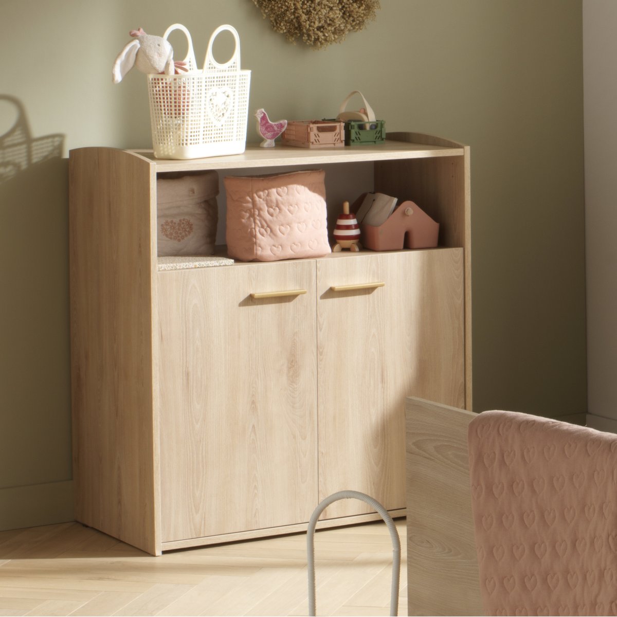Commode à langer 2 portes et une niche décor bois hêtre marron, SAUTHON